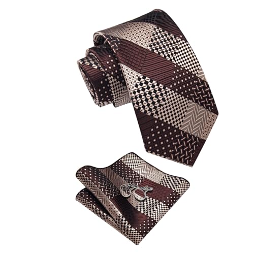 Image of Striped Plaid Ties for Men Silk Formal Necktie Set | 3.15 inch(8cm) Woven Jacquard Mens Ties with Necktie Pocket Square Cufflink Tie Clip Lapel Pin for Wedding Business Party