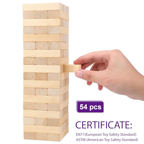 Image of GOTHINK Tumble Tower Game for Kids and Adults, 54pcs Wooden Board Stacking Game for Family Games Night, Classical Wood Blocks Game, Standard Size with Storage Bag