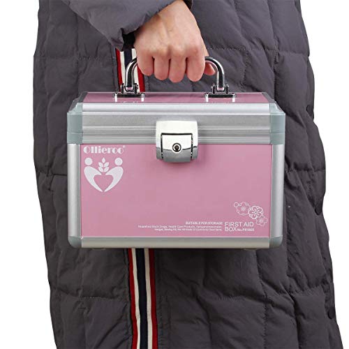 Ollieroo Small Medication Lock Box with Key Lockable Medicine Box Organizer Pink First Aid Box for Medical Supplies 9.36(L)×6.05(W)×6.24(H) inch