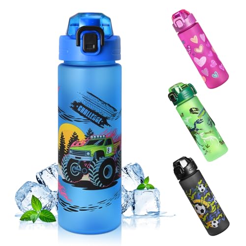 AMFUN 700ML Botella de Agua Niños y Niñas, Deportiva Botella Agua, Sin BPA, Apertura con un Solo Toque, Reutilizable, para La Colegio y El Exterior - Azul Vehículo