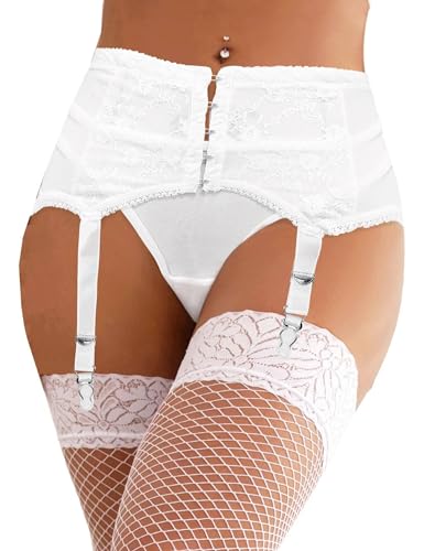 Image of ohyeah Plus Size High Waist Garter Belt Set Lace Mesh Suspender Belt with 6 Vintage Metal Clip for Stockings