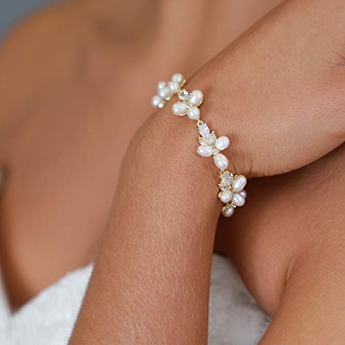 Mariell Freshwater Pearl Gold Bridal Bracelet, 6 5/8" Plus 1/2" Extender, Wedding Jewelry Gift For Women #TOP1