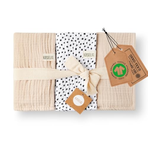 KØSELIG® Geschenk zur Geburt: Premium Musselintücher, Babydecken, Spucktücher | 80x80 cm | 100% Bio-Baumwolle GOTS-Zertifiziert | extra weich & saugstark | 60°C Wäsche | 3er Set Mulltücher