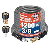 YAMATIC Non Marking 3/8' Pressure Washer Hose 100FT 4200 PSI, Kink Resistant Swivel 3/8' Quick Connect, Rubber Steel Braided Wear Resistant Industry Grade for Hot/Cold Water Gas Power Washer