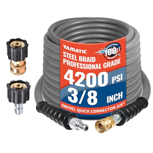 YAMATIC Non Marking 3/8' Pressure Washer Hose 100FT 4200 PSI, Kink Resistant Swivel 3/8' Quick Connect, Rubber Steel Braided Wear Resistant Industry Grade for Hot/Cold Water Gas Power Washer