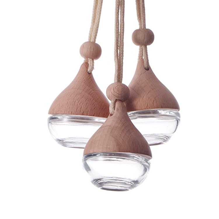 3 botellas difusoras de ambientador de coche para colgar – 6 ml recargable aceite esencial aromaterapia perfume colgante, vidrio vacío transparente con tapa de madera y cuerda para decoración de