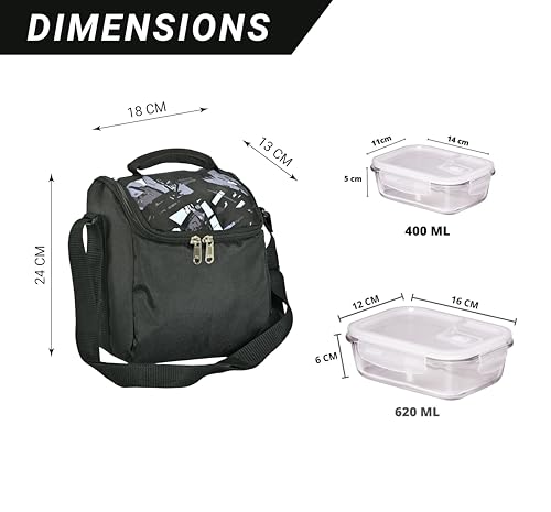 Image of Femora Borosilicate Glass Container Lunch Box with Bag for Office, School, Black, Rectangular, 400 ML, 620 ML (3 Container+ 1 Bag)