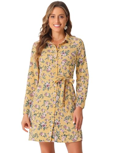 Robe chemise à pois fluide boutonnée devant jaune Allegra K XL confortable