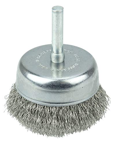 Image of Weiler 14318 2 inch Crimped Wire Utility Cup Brush, 0.008 inch Stainless Steel Fill, 1 /4 inch Stem, Made in The USA (Pack of 10)