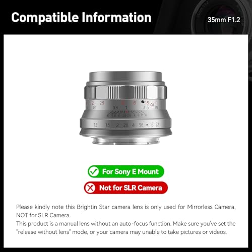 Brightin Star 35mm F1.2 APS-C Large Aperture Manual Focus Mirrorless Camera Lens,Compatible with Sony ZV-E10, A7IV, A6400, A7II, A7SIII, A7III, A7C, A6600, A6100, A7RIV, A6000, A7RIII (Silver)