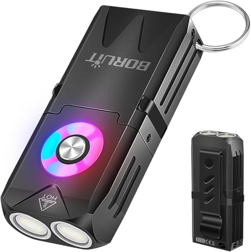 BORUIT EV25 Mini Flashlight with Clip, Small Flashlights Powerful 650 Lumens Bright, USB C Rechargeable - EDC Keychain Flash Light with Magnetic, Red and Green Blue Lights for Home Camping Running