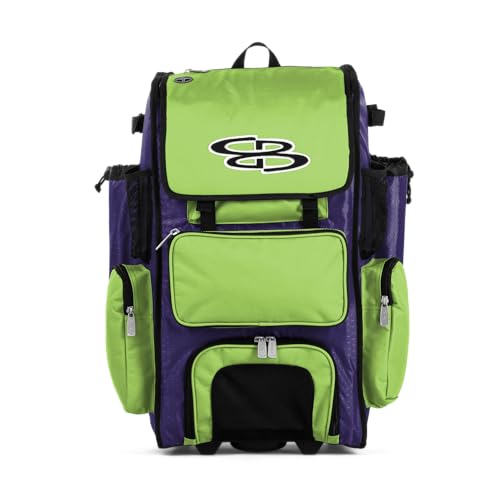 Boombah Rolling Superpack Baseball/Softball Gear Bag - Telescopic Handle - Holds 4 Bats - Wheeled Version - Purple/Kiwi