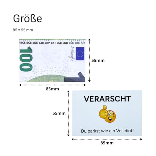 PROVISO TOOLS Auto Gadgets – Lustige Falschparker-Karten 50 Stück, schlecht geparkt, Falschparker Karten, grün 100€ Geldschein-Design, Größe 85x55mm