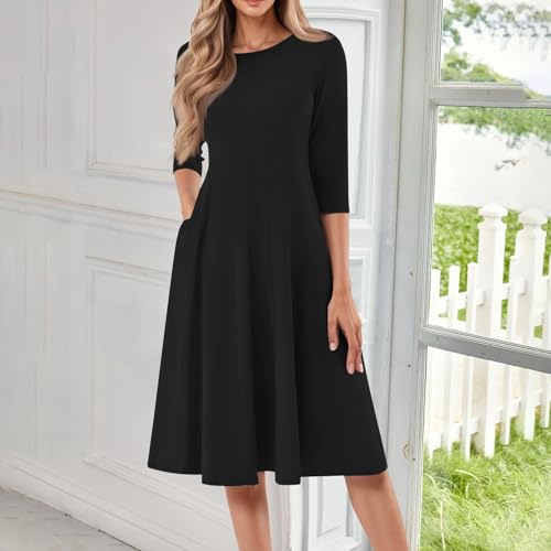 Spring Dresses for Women 2025 3/4 Sleeve Round Neck Church Dresses Pleated Knee Length Dress with Pockets Curvy Dress2