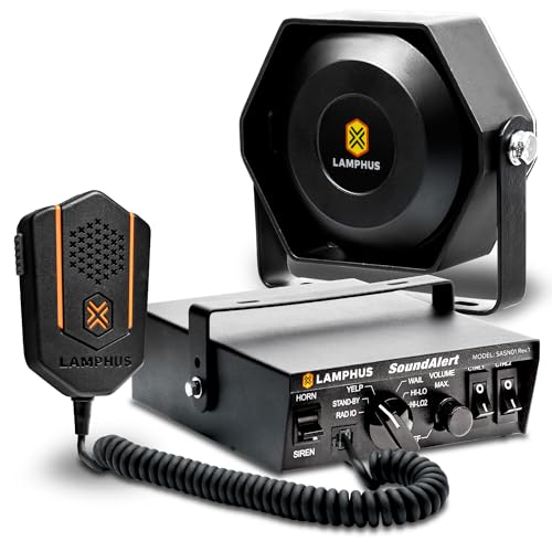 SoundAlert 12V 100W Police Siren PA System Kit [118-124dB Slim Speaker] [2 x 16A Aux Switch] [Hands-Free Air Horn] [PTT Mic] [Radio Rebroadcast] Warning Emergency Siren for Fire Tow Food Truck UTV ATV