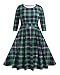 Women Plus Size Christmas Dress — Xmas Buffalo Plaid Green Tartan Holiday 2024 Fall 3/4 Sleeve Round Neck Midi Dresses