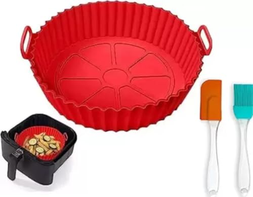 Image of Air Fryer Silicone Tray | Air Fryer Liners I Round Silicone Basket Baking Tray I Pot with Ear Handles I Nonstick Reusable Heat Resistant I Cooking Oven Insert Accessories (Red + Oil Brush)