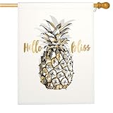 Mugod Hello Bliss House Flag Double Sided 28 x 40, Watercolor Pineapple Summer Element Burlap Large Flag House Seasonal Farmhouse Outside Outdoor Decoration