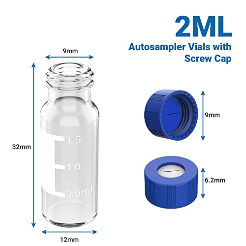 2Ml Autosampler Vials With Caps, Lab Clear Vial 1000 Pcs, 9-425 Hplc Vials With Blue Screw Caps, Writing Patch, Graduation, Blue Ptfe & White Silicone Pre-Slit Septa #TOP1