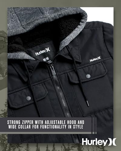 Image of Hurley Men's Voyager Jacket - Warm Insulated Fleece Jacket with Cozy Sherpa Lining - Lightweight Hooded Jacket for Men (S-XL)