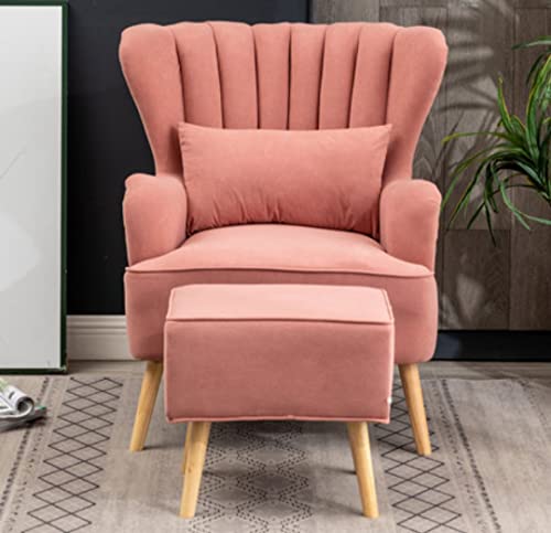 Image of Velvet Wingback Chair with Ottoman & Cushion Pillow | Upholstered Accent Lounge Chair with Foot Rest | Modern High Back Arm Chair for Living Room Bedroom, Office | Wooden Legs | Pink