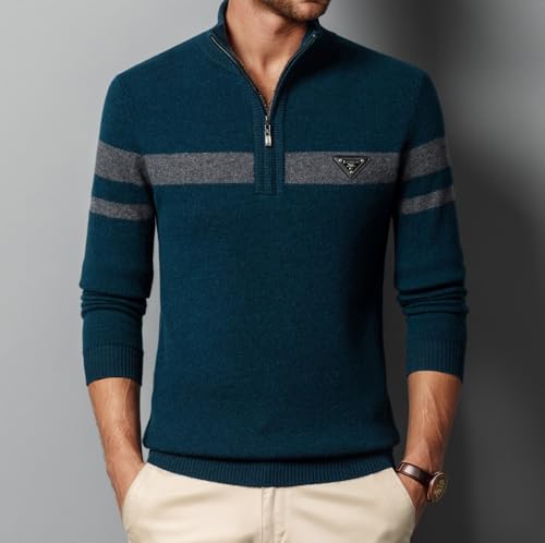 Men's 100% Wool Quarter Zip Stripes Sweaters Casual Long Sleeve Knitted Stand-Up Collar Pullover Polo Sweater2