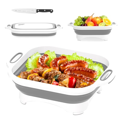 Collapsible Cutting Board, HI NINGER Chopping Board with Towel Kitchen Foldable Camping Dishes Sink Space Saving 3 in 1 Multifunction Storage Basket for BBQ Prep/Picnic/Camping (Grey)