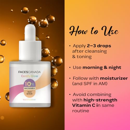 Image of FACES CANADA Comfy Glow 10% Niacinamide Face Serum - 15ml | Controls Oil | Fades Spots & Marks | Minimizes Pores | Brightens Tone & Refines Skin Texture | Lightweight | Water Based Formula