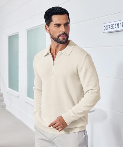 Polo de punto para hombre clásico de manga larga con cuello térmico y cremallera, color sólido, ligero y cálido, tacto suave y agradable para la piel, acanalado, ajuste regular, transpirable, para otoño e invierno miniatura 3