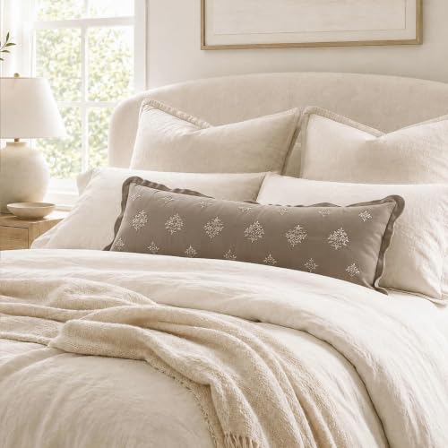 BlissBlush Long Lumbar Pillow Cover 14x36 for Bed, Taupe Velvet Decorative Lumbar Pillow Cover, Floral Accent Cushion Cover with Embroidery and Scalloped Edge for Couch Sofa Bed, Cover ONLY - image 3
