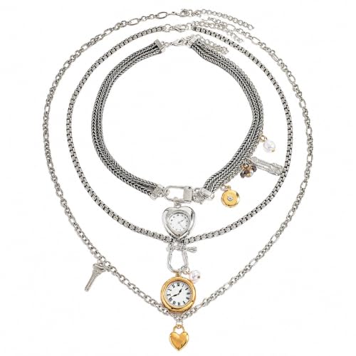 Dvacaman Silver Layered Chain Necklaces for Women, 3pcs Multi-Strand Chain Necklace With Clock Heart Pendants, Chunky Braided Paperclip Stacked Statement Jewelry Gift by Dvacaman - Used condition - US$13.41