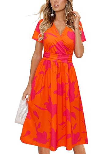 Image of Newshows Womens Summer Short Sleeve Casual Dresses V Neck Floral Vacation Sundress Faux Wrap Midi Dress with Pockets