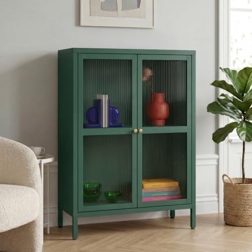 [en.casa] Aparador Säkylä Mueble de Salón con Compartimentos Mueble Auxiliar para Comedor Cocina con 2 Puertas de Vidrio Acanalado y Acero 84 x 64 x 35 cm - Verde Abeto