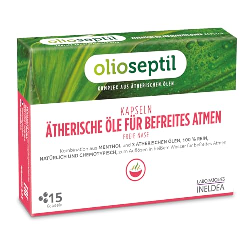 OLIOSEPTIL – Kapseln mit ätherischen Ölen für befreites Atmen – Zum Inhalieren – Kombination aus Menthol und 100% naturreinen, chemotypisierten ätherischen Ölen – Ohne Alkohol – 15 Kapseln
