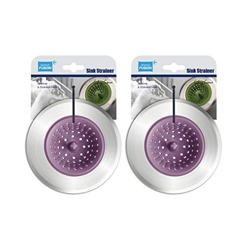 Grand Fusion Sink Strainer for Kitchen Sink, Must-Have Kitchen Essentials and Bathroom Accessories, Silicone Body with Stainless Steel Rim, Purple, Pack of 2