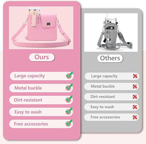Image of House of Quirk Outdoor Portable Crossbody Tumbler Holder Bag with Purse Compartment - Travel Water Bottle Carrier for Hiking, Walking, Camping (Pink)