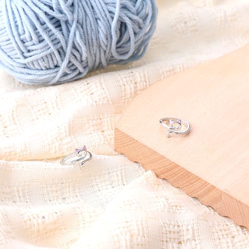 Image of YUXIANLB 2PCS Crochet Rings Cute Cats Yarn Guide Rings Adjustable Size Knitting Tension Regulator Metal Open Finger Hook for Knitting Accessories