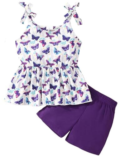 Image of Toddler Girls Clothes Summer Short Set Outfit Tie Knot Shoulder Sleeveless Ruffle Tops and Shorts 2PC Clothing Set