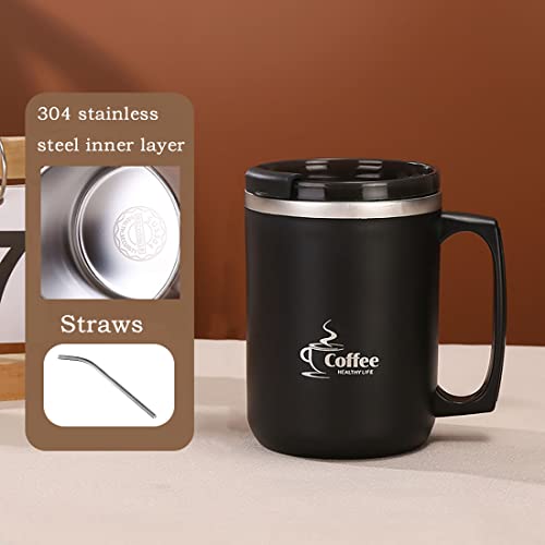 Lcxecnw 15 OZ Coffee Mug With Handle,Double Wall Vacuum Travel Mug,Coffee Mug With Flip lid and Straw,Reusable stainless steel mug,for Home,Office,Travel,Camping,Outdoor(Black) - Image 2