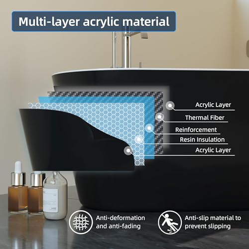Image of 59 Inch Freestanding Bathtub, Acrylic, Deep Soaking Tub with Non-Slip Base, Modern Black Free Standing Tub for Bathrooms, cUPC Certified with Chrome Drain