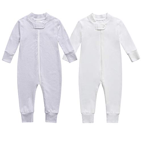 Bamboo Baby Footless Pajamas, Boys and Girls 2 Pack Zip up Sleep and Play, Long-Sleeve Coveralls(0-3 Months, White Dots & Off White)