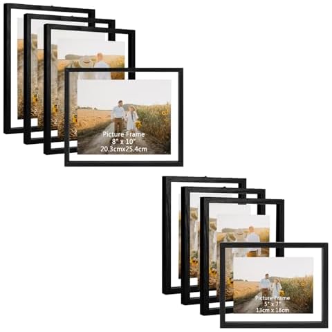 WIFTREY 8x10 + 5x7 Black Floating Picture Frame Set of 8 for Wall Hanging Cover