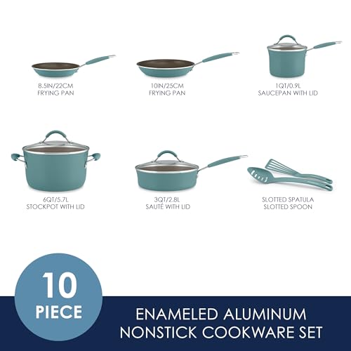 Image of Rachael Ray Cucina Nonstick Cookware /Pots and Pans Set, 10 Piece - Agave Blue