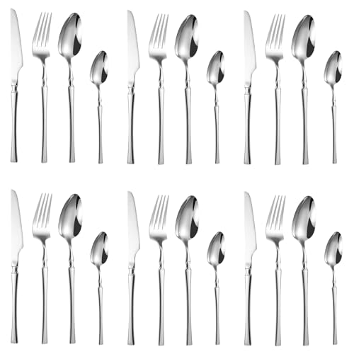 Image of aDai Sterling Silver Silverware Set | Satin Finish 24-Piece Korean Vintage Style Flatware Set | Dishwasher Safe Stainless Steel Cutlery for Home, Restaurant & Gifting