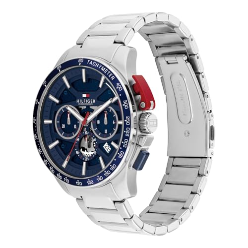 Image of Tommy Hilfiger Bank with Blue Dial Silver Stainless Steel Strap Watch for Men - TH1792261