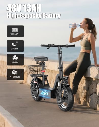 Electric Scooter for Adults, 1000W Peak Motor, 35 Miles of Range Scooter with Seat, 25 MPH Top Speed, 48V 13Ah Battery, Dual Suspension, Foldable E-Scooter with Rear Basket for Cargo, Commuting - Image 6