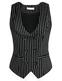 Belle Poque Vintage Waistcoat Vest for Women U Neck Office Work Black White Stripes Jacket Coat, XL