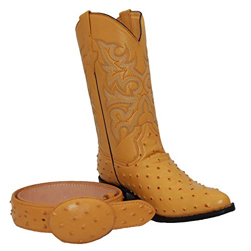 Western Shops Mens Leather Cowboy Boots Embossed Ostrich Quill Print Western Boot with Free Belt