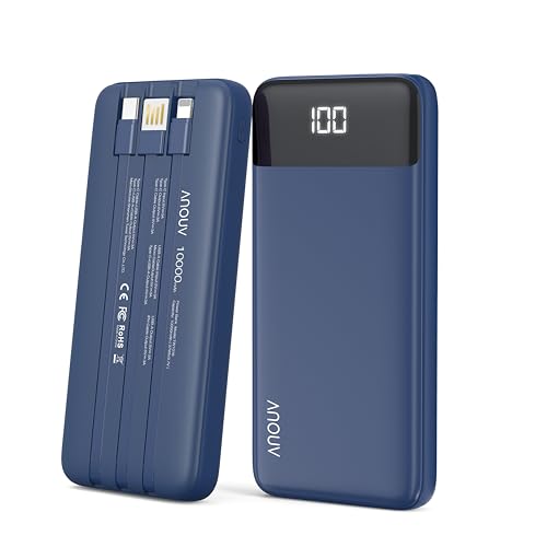 Portable Charger with Built-in Cables 10000mAh Power Bank with Cords, Slim Battery Pack with LED Display, Travel Essential Portable Charger for iPhone 17/16/15/14 Series, Android Samsung Google Pixel