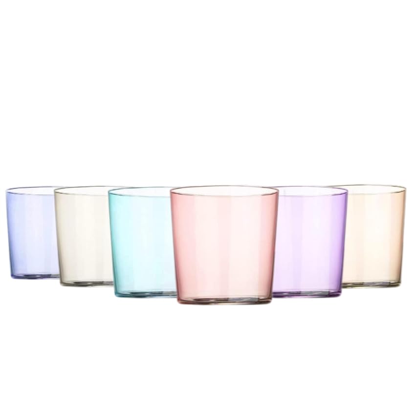 TRESV Set de 6 Vasos de Agua de Colores Pastel, Vasos de Cristal Multicolor y Transparentes, Aptos para Lavavajillas...
